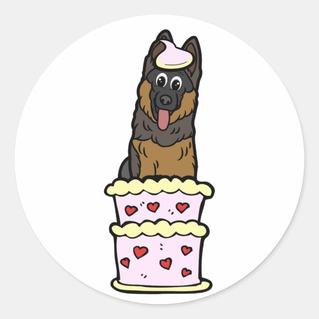 Funny Guard dog jumping out of a cake Classic Round Sticker (Front)