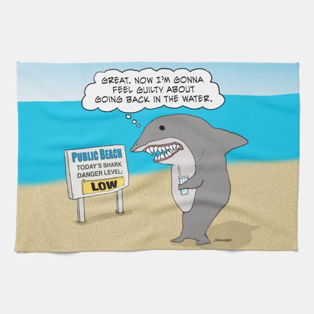 Funny Guilty Shark on Beach Tea Towel (Horizontal)