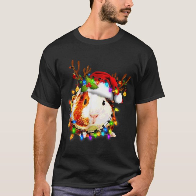 Funny Guinea G Christmas Reindeer Christmas Lights T-Shirt (Front)