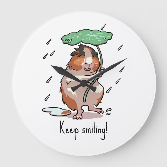 Funny Guinea Pig Keep Smiling Rain Dancing Cartoon Large Clock (Front)