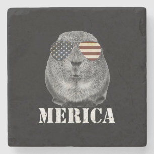 Funny Guinea Pig Merica Patriotic Usa Flag Glasses Stone Coaster