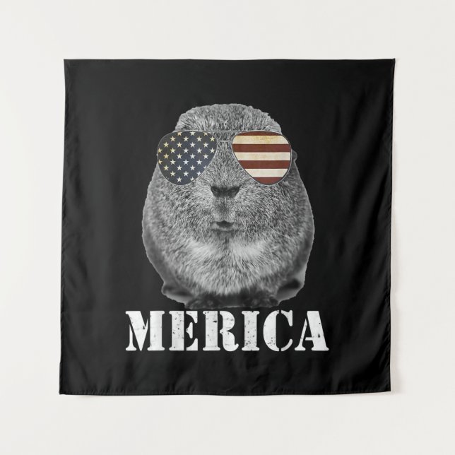 Funny Guinea Pig Merica Patriotic Usa Flag Glasses Tapestry (Front)