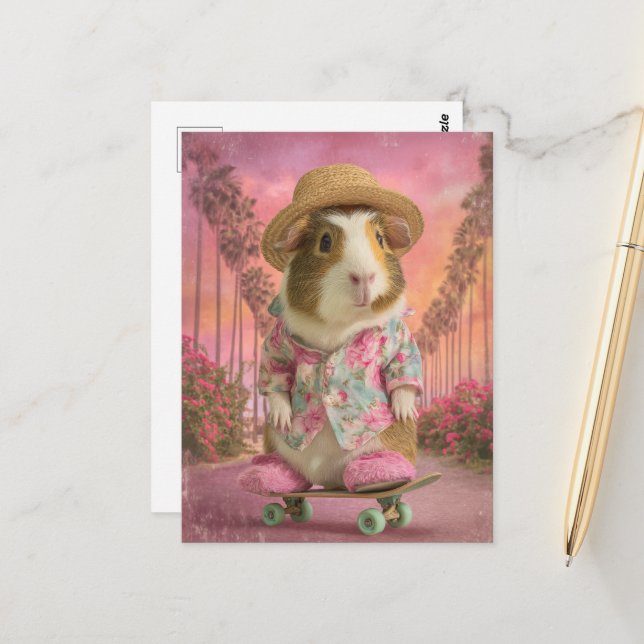 Funny Guinea Pig on Skateboard in Pink Slippers Postcard (Front/Back In Situ)
