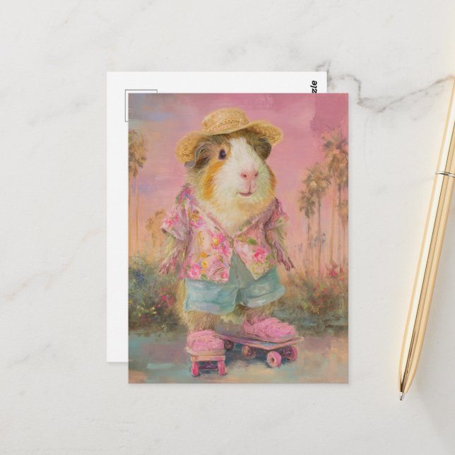 Funny Guinea Pig on Two Skateboards Postcard (Front/Back In Situ)