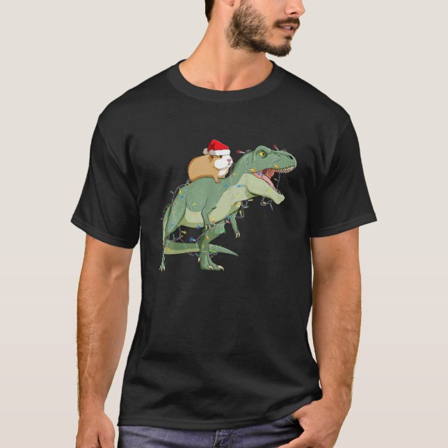 Funny Guinea Pig Riding Christmas Light T Rex Dino T-Shirt (Front)