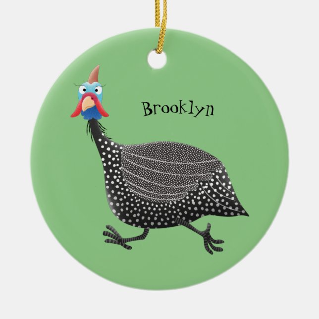 Funny Guineafowl bird cartoon illustration Ceramic Tree Decoration (Front)