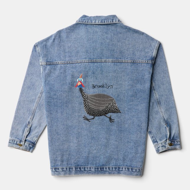 Funny Guineafowl bird cartoon illustration  Denim Jacket (Back)
