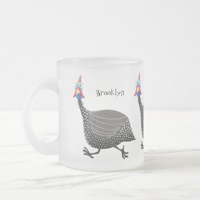 Funny Guineafowl bird cartoon illustration Frosted Glass Coffee Mug (Left)