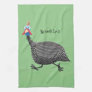Funny Guineafowl bird cartoon illustration Tea Towel