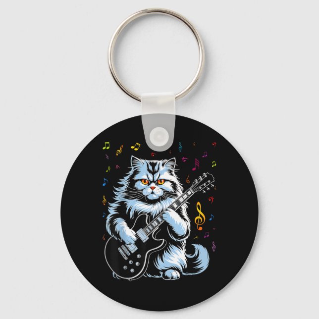 Funny Guitar Cat Rock Playing Key Ring (Front)