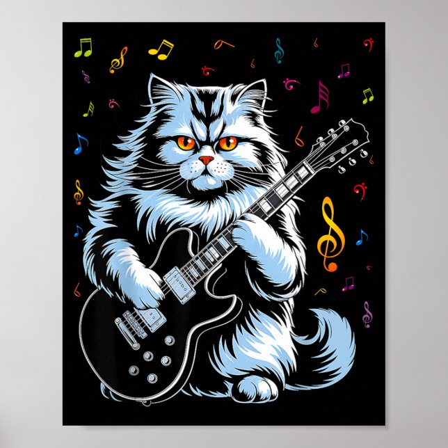 Funny Guitar Cat Rock Playing Poster (Front)