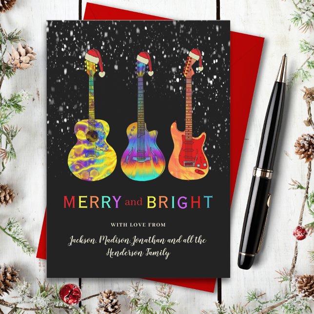 Funny Guitar Christmas Merry and Bright Holiday Card (Christmas guitars wearing Santa hats Merry and Bright music themed custom holiday greetings card)
