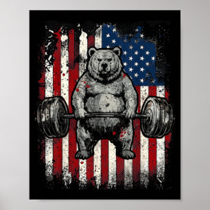 Funny Gym Bear Weightlifting Vintage USA Flag Poster