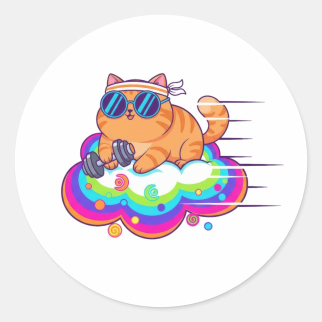 Funny Gym Cat Lifting Dumbbell on Rainbow Cloud Classic Round Sticker (Front)