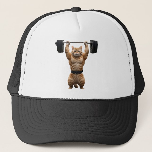 Funny Gym Cat Trucker Hat – Muscular Cat Cap (Front)