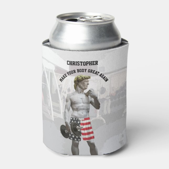 Funny Gym Workout Donald Trump With Dumbbell Can Cooler (Can Front)