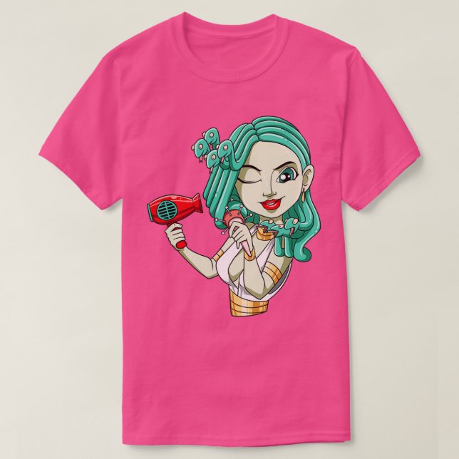 Funny hairdresser mythology blow dryer curls T-Shirt (Design Front)
