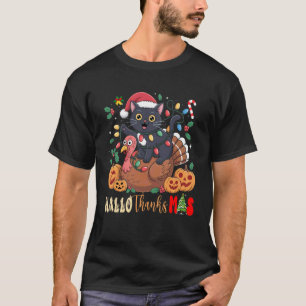 Funny HalloThanksMas Black Cat Santa Hat Turkey Pu T-Shirt