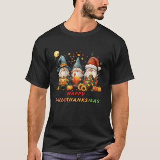 Funny Hallothanksmas Gnomes Happy Hallowthanksmas  T-Shirt
