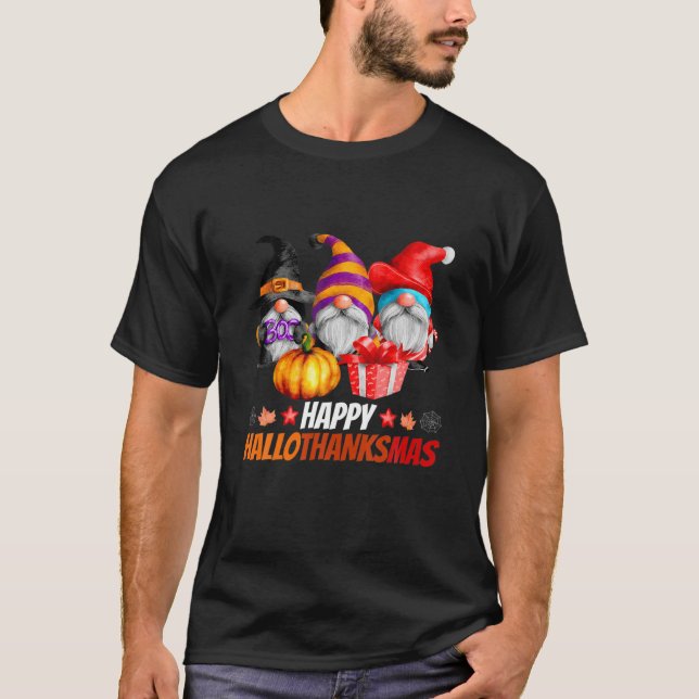Funny Hallothanksmas Gnomes Happy Hallowthanksmas T-Shirt (Front)