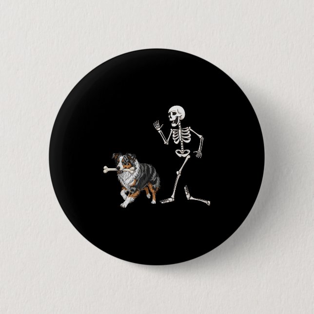 Funny Halloween Australian Shepherd And Skeleton  6 Cm Round Badge (Front)