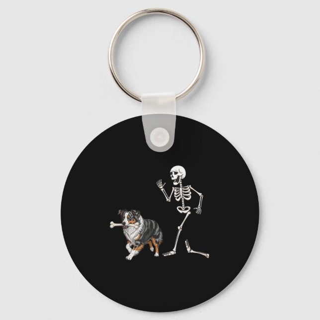 Funny Halloween Australian Shepherd And Skeleton  Key Ring (Front)