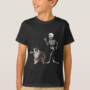 Funny Halloween Australian Shepherd And Skeleton T-Shirt