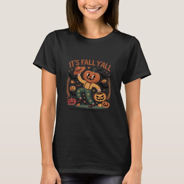 Funny Halloween Autumn Cute It’s Fall Y’all Pumpki T-Shirt (Front)