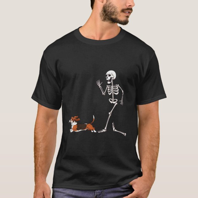 Funny Halloween Basset Hound and Skeleton T-Shirt (Front)