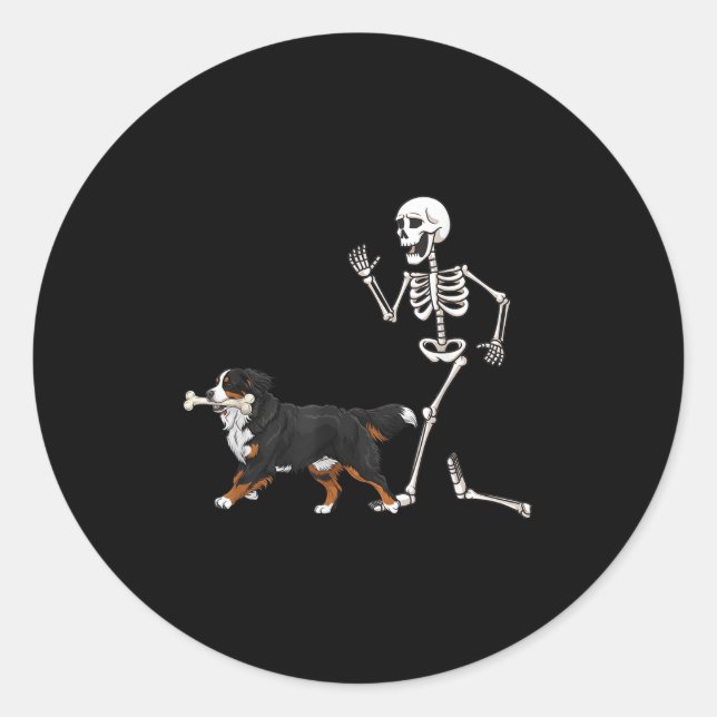Funny Halloween Bernese Mountain Dog And Skeleton  Classic Round Sticker (Front)