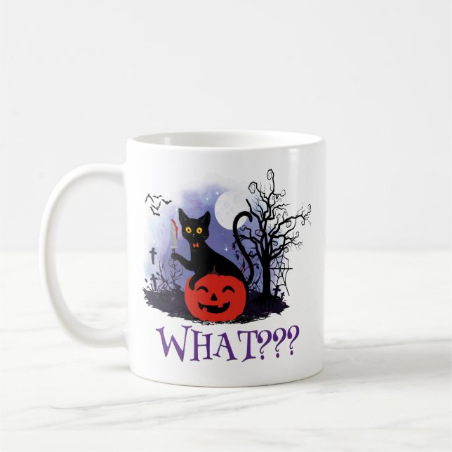 Funny Halloween Bewitched Black Cat What? Coffee Mug (Left)