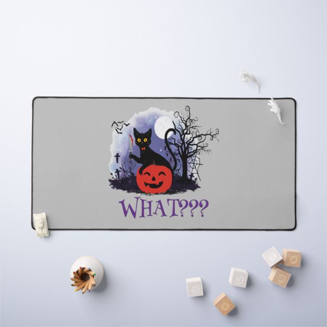 Funny Halloween Bewitched Black Cat What? Desk Mat (Kids Table)