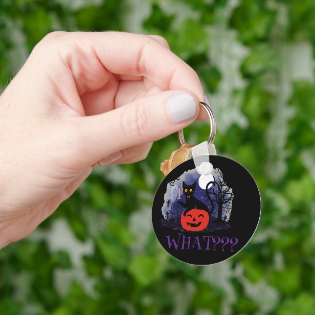 Funny Halloween Bewitched Black Cat What? Key Ring (Hand)