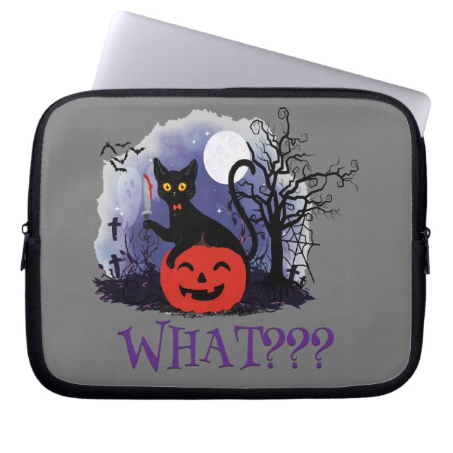 Funny Halloween Bewitched Black Cat What? Laptop Sleeve (Front)