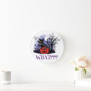 Funny Halloween Bewitched Black Cat What? Round Clock
