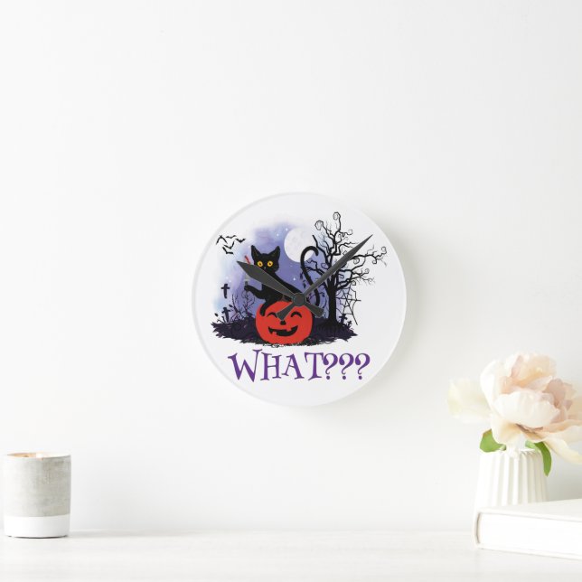 Funny Halloween Bewitched Black Cat What? Round Clock (Home)