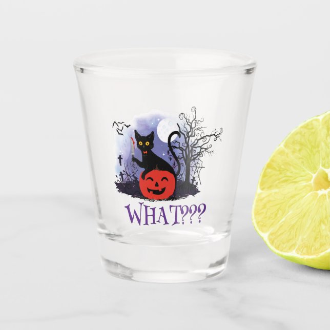 Funny Halloween Bewitched Black Cat What? Shot Glass (Front)