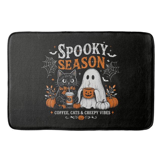 Funny Halloween Black Cat and Ghost Coffee Lover Bath Mat (Front)