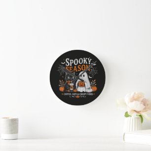 Funny Halloween Black Cat and Ghost Coffee Lover Round Clock