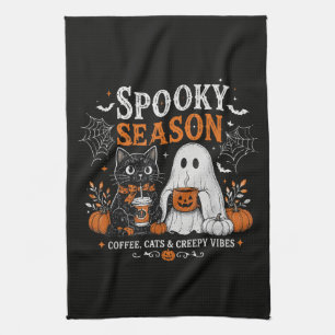 Funny Halloween Black Cat and Ghost Coffee Lover Tea Towel