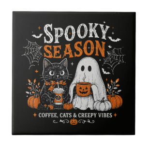 Funny Halloween Black Cat and Ghost Coffee Lover Tile