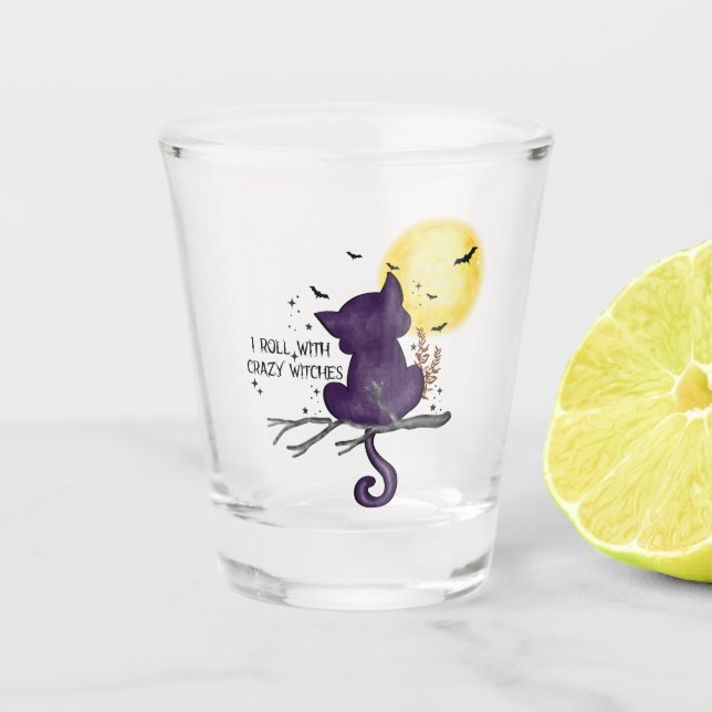 Funny Halloween Black Cat and Magical Moon Shot Glass (Front)