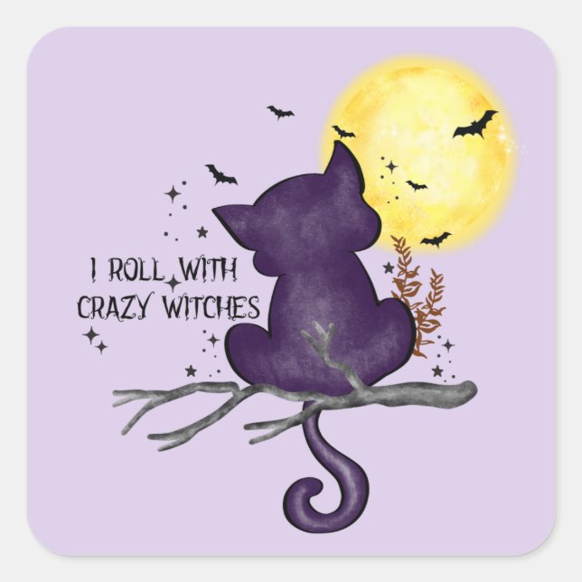 Funny Halloween Black Cat and Magical Moon Square Sticker (Front)