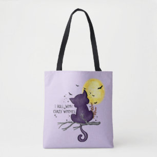 Funny Halloween Black Cat and Magical Moon Tote Bag