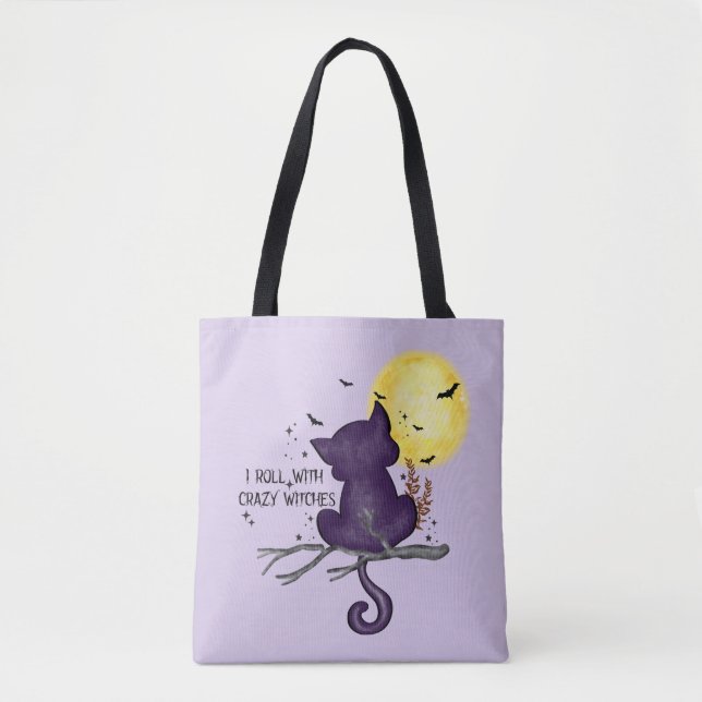 Funny Halloween Black Cat and Magical Moon Tote Bag (Front)