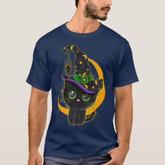 Funny Halloween Black Cat Costume Witch Moon Boys  T-Shirt