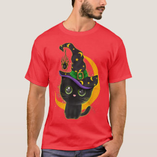 Funny Halloween Black Cat Costume Witch Moon Boys  T-Shirt