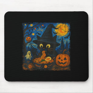 Funny Halloween Black Cat Eating Ramen Starry Nigh Mouse Mat