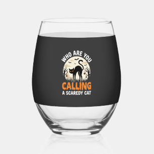 Funny Halloween Black Cat Scaredy Cat Vector Desig Stemless Wine Glass