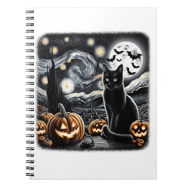 Funny Halloween Black Cat Starry Night Van Gogh Ca Notebook (Front)